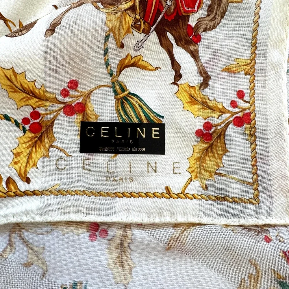 Vintage CELINE Paris Cotton Holiday Holly Equestrian Scarf Ivory & Gold PRISTINE